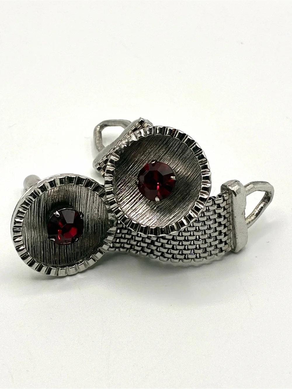 Vintage Silver Tone Mesh Cufflinks Red Rhinestone Wrap Around Formal